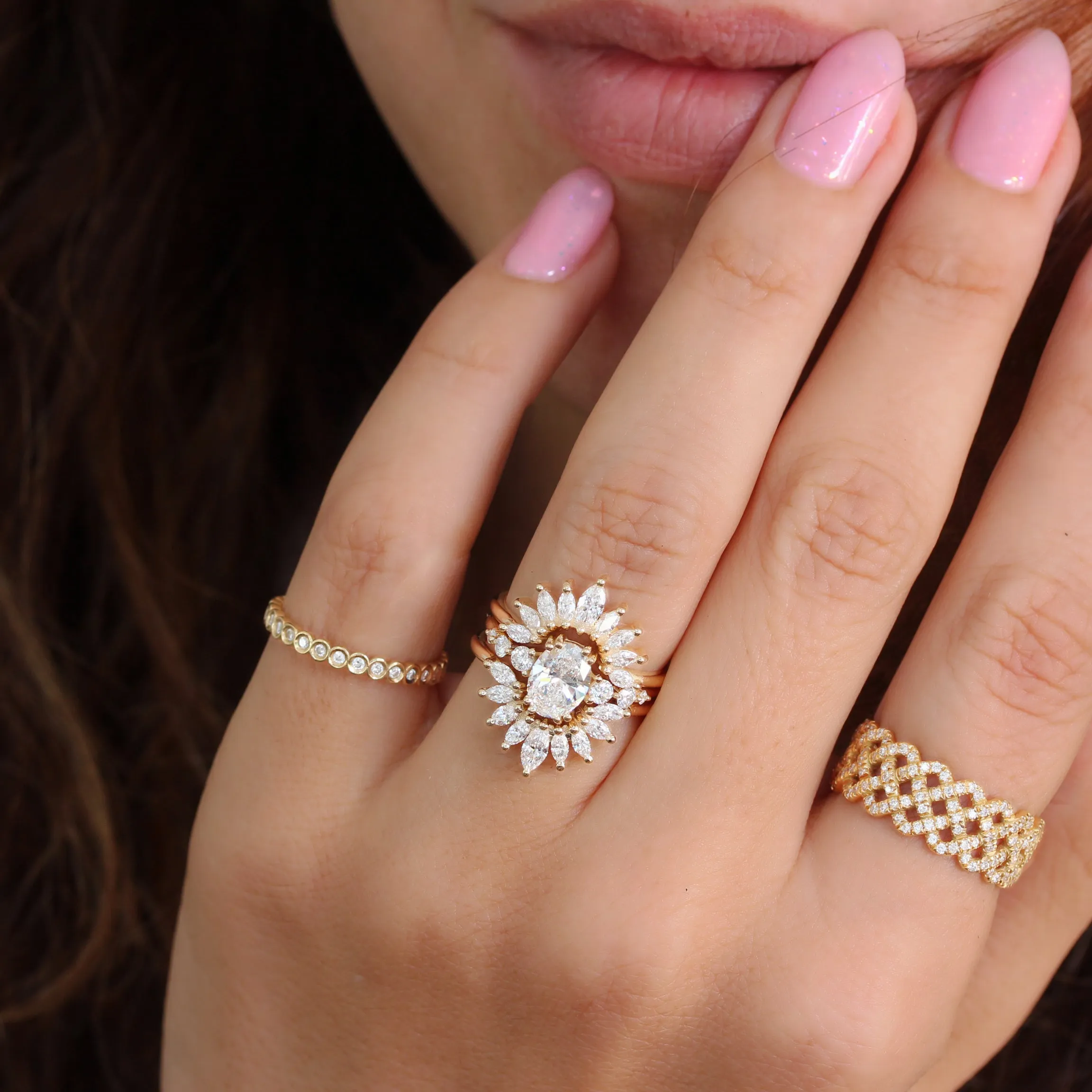 Curve Marquise Diamond Art Deco U Ring Sunburst ♥