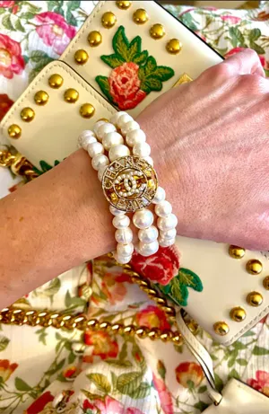 CZ CC, 3 White Pearl Strands Bracelet