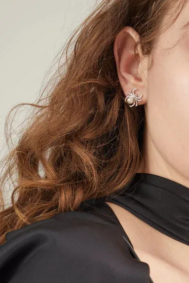 DIAMOND SPIDER FRESH WATER PEARL STUD EARRINGS