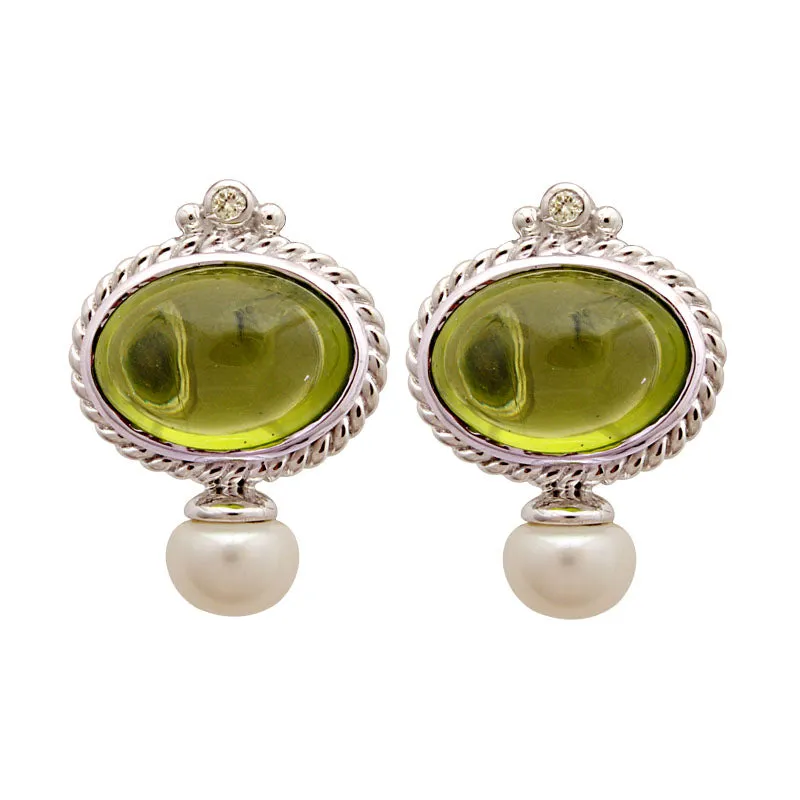 Earrings-Peridot, Fresh Water Pearl and Diamond