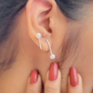 Elegant Minimalist Double Sphere Climber Silver Earrings.