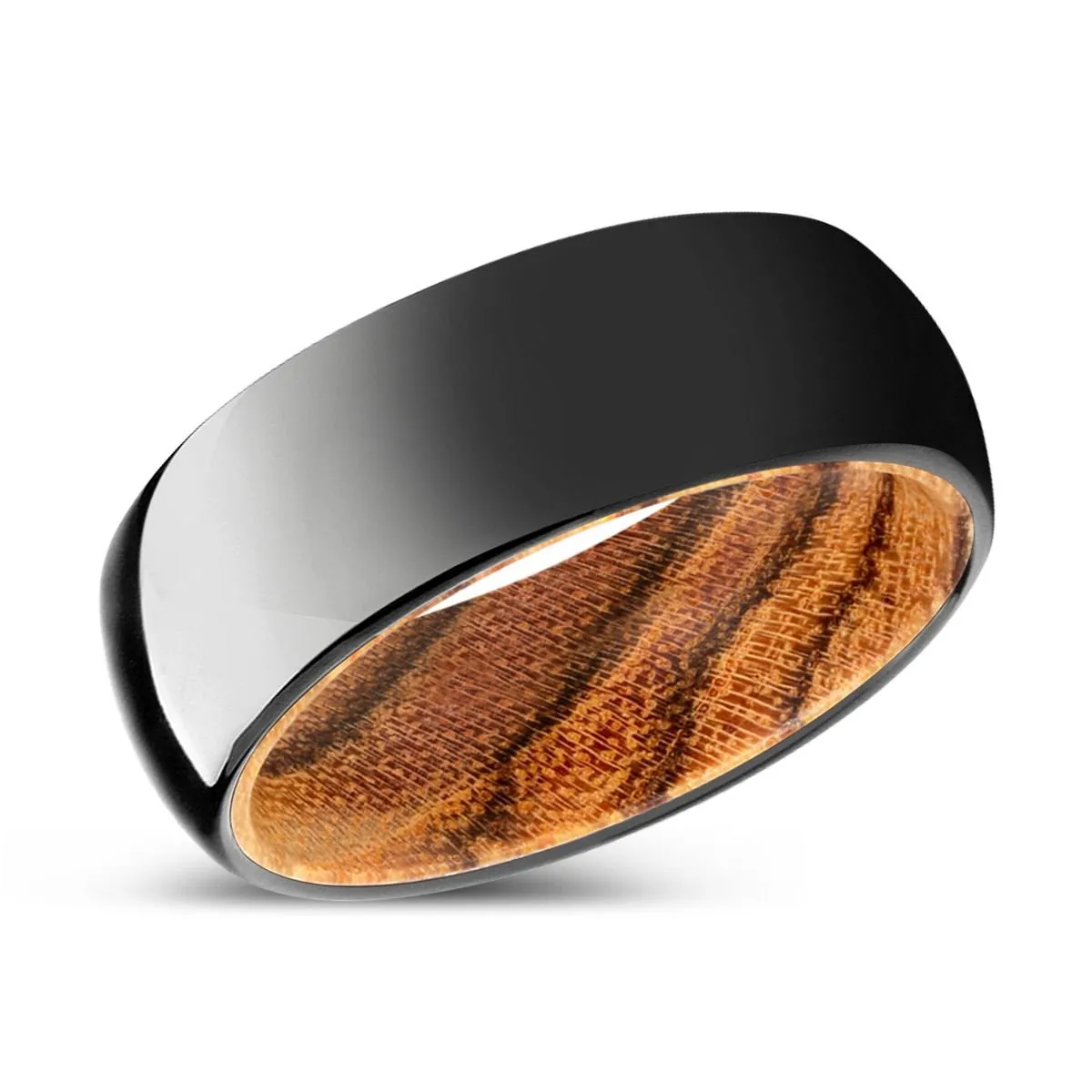 ENCHANT | Bocote Wood, Black Tungsten Ring, Shiny, Domed Tungsten