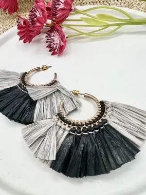 Estela Black and Gray Raffia C-Shape Earrings