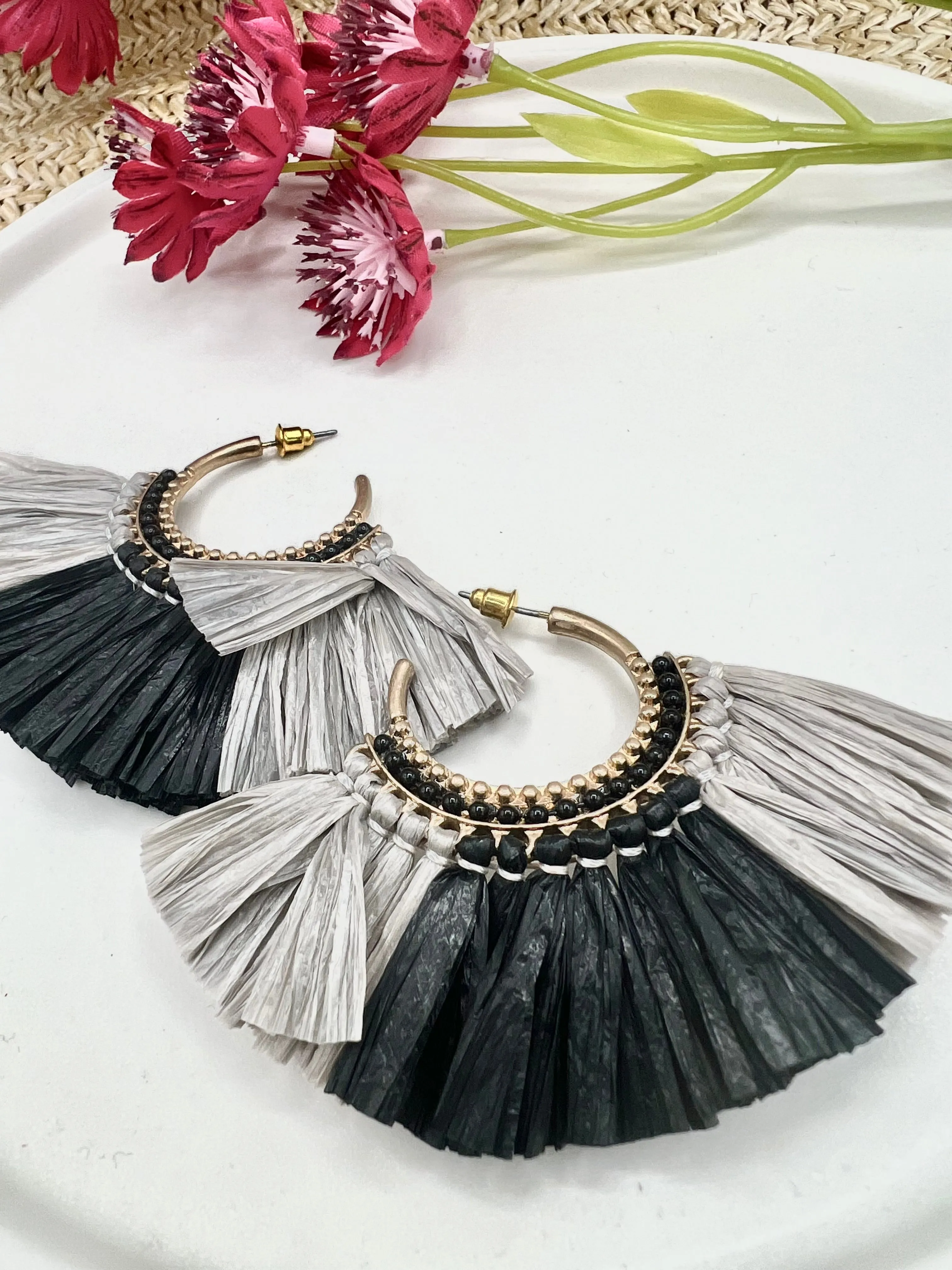 Estela Black and Gray Raffia C-Shape Earrings