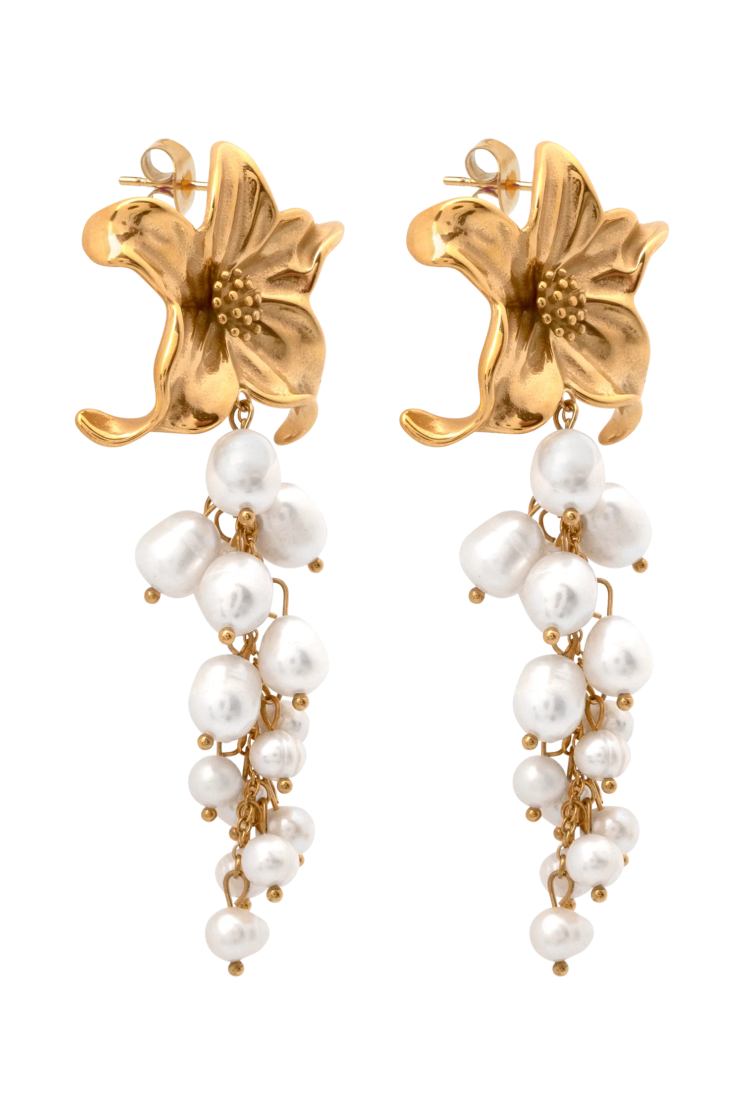 Eva Floral Fresh Water Pearl Earrings - Gold