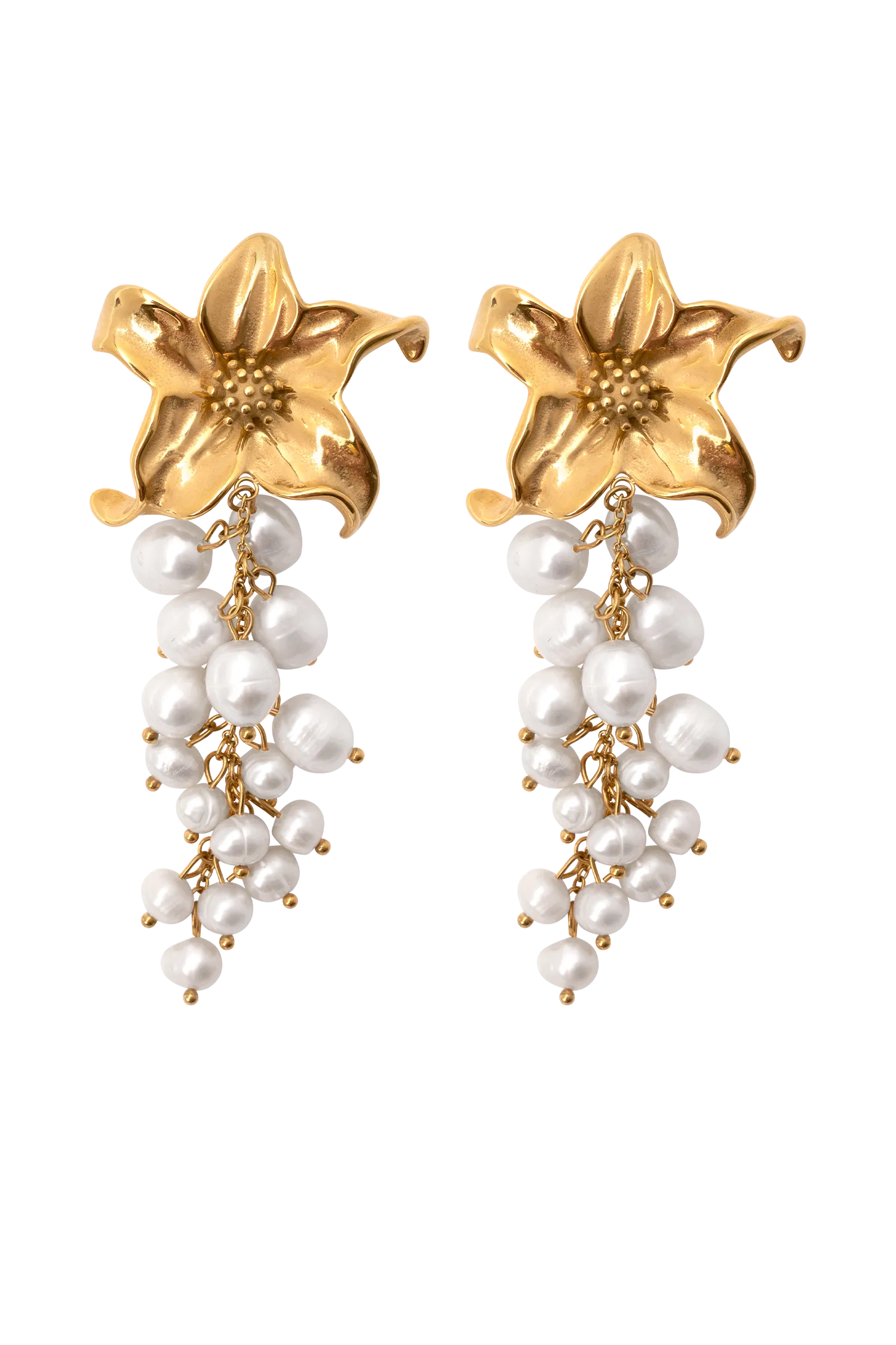 Eva Floral Fresh Water Pearl Earrings - Gold