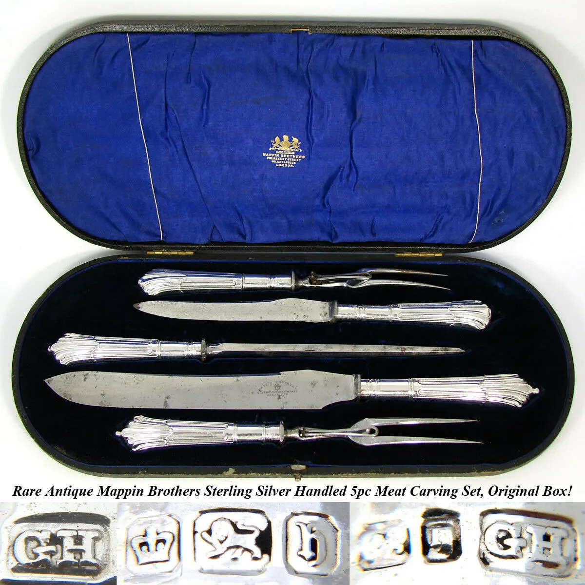 Fab Antique Mappin Brothers 5pc Sterling Silver Meat Carving Set, Original Box