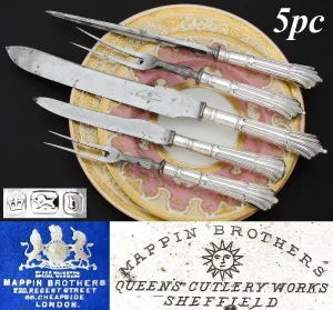 Fab Antique Mappin Brothers 5pc Sterling Silver Meat Carving Set, Original Box