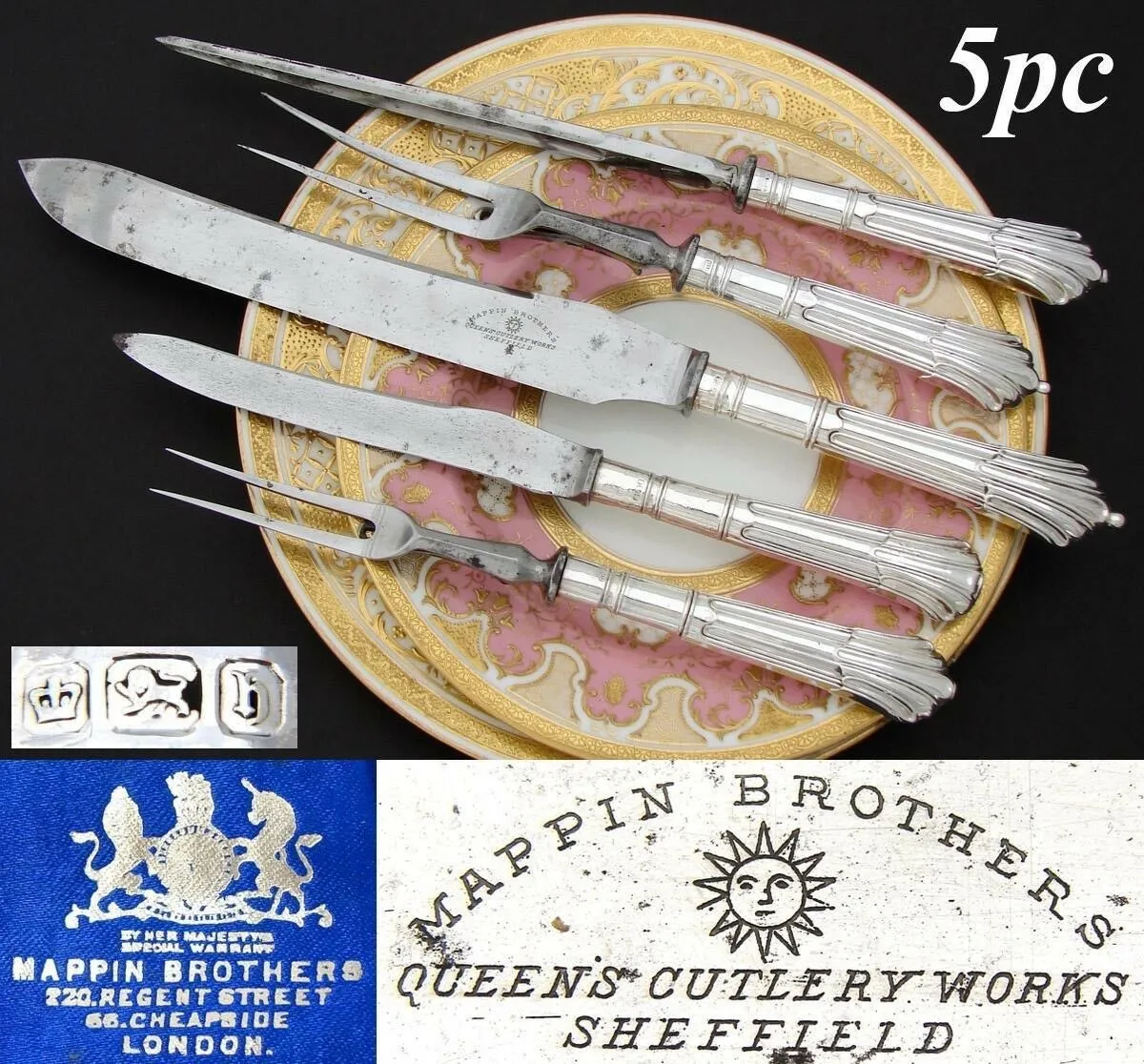 Fab Antique Mappin Brothers 5pc Sterling Silver Meat Carving Set, Original Box