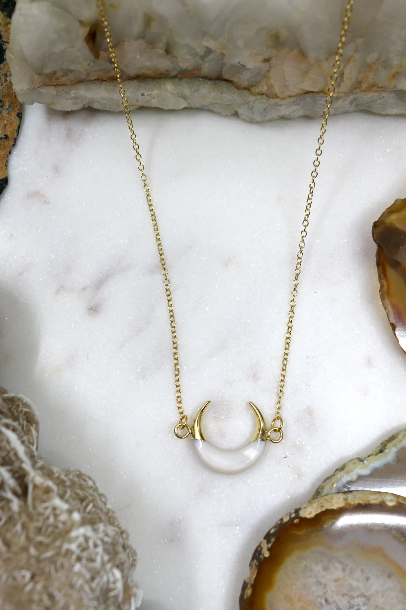 Force // White and Gold Crescent Moon Necklace, Boho Necklace // BH-N036-G