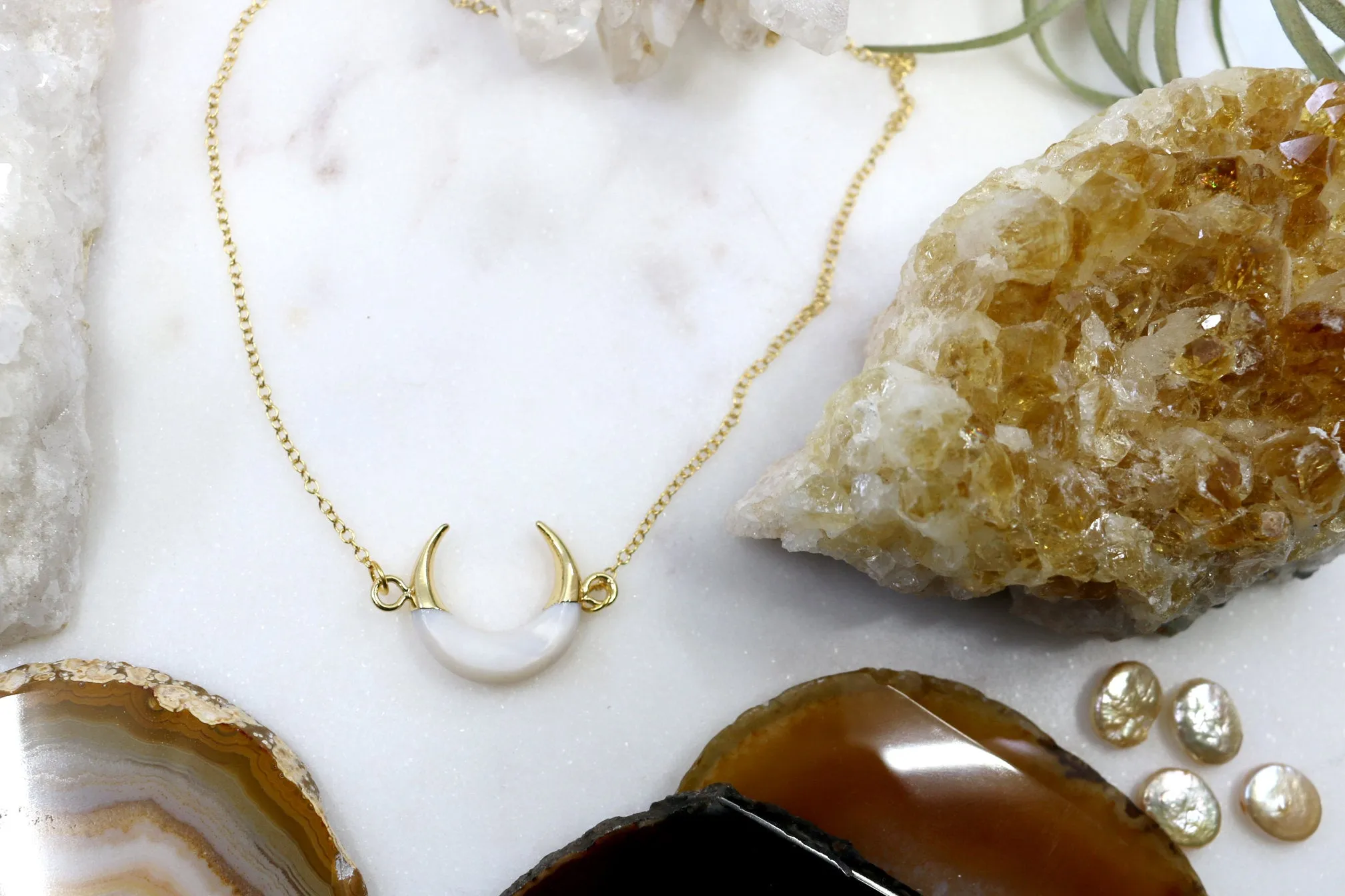 Force // White and Gold Crescent Moon Necklace, Boho Necklace // BH-N036-G