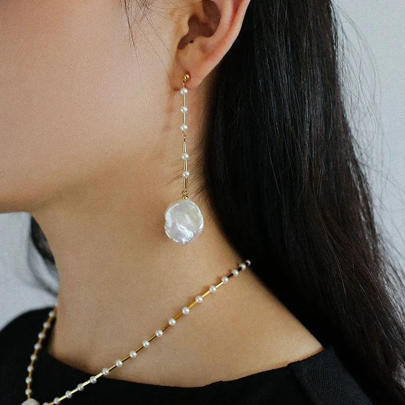 French Large Petal Baroque Pearls Style Paneled Bead Dangle Earrings
