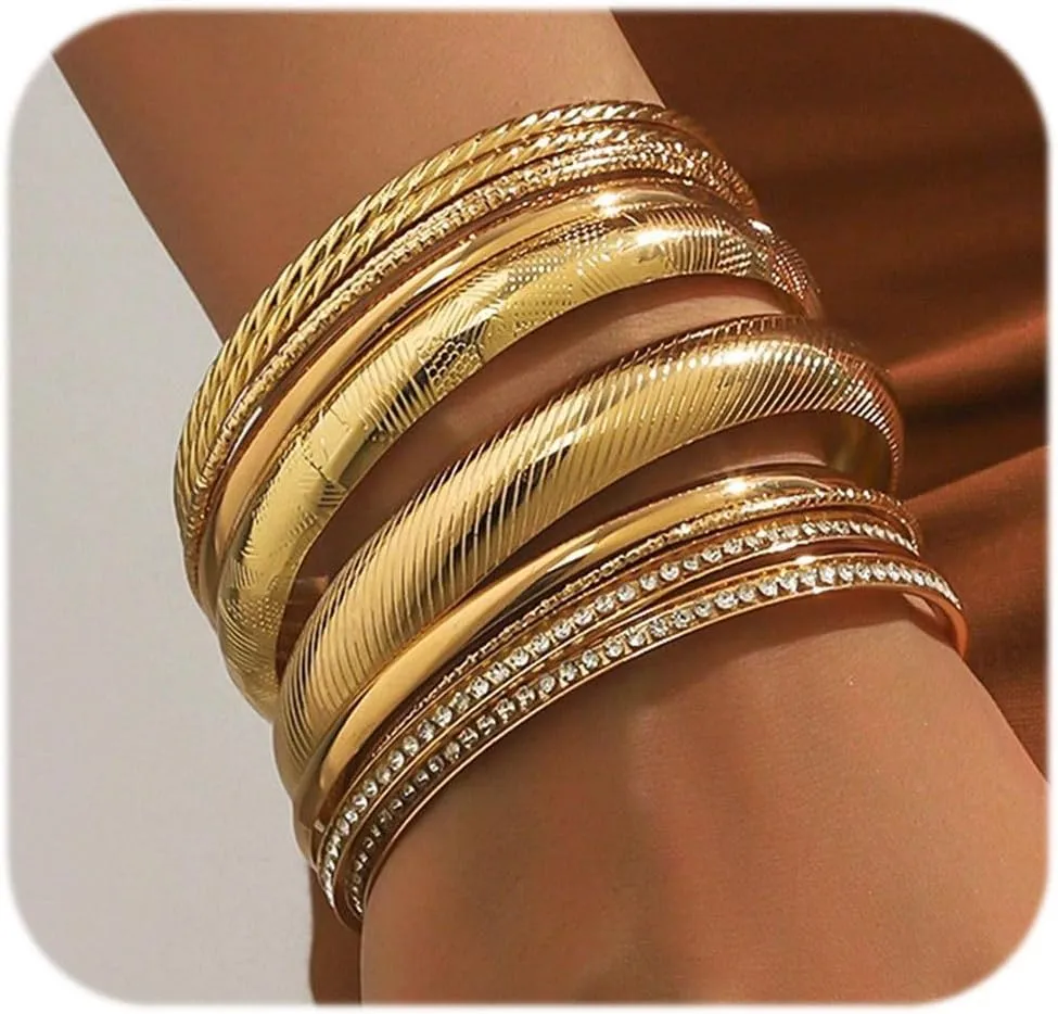 Gold Bangle Bracelets For Women, Multi Layer Stackable Textured Bracelets Set,Minimalist Textured Boho Jewelry Gift for Women