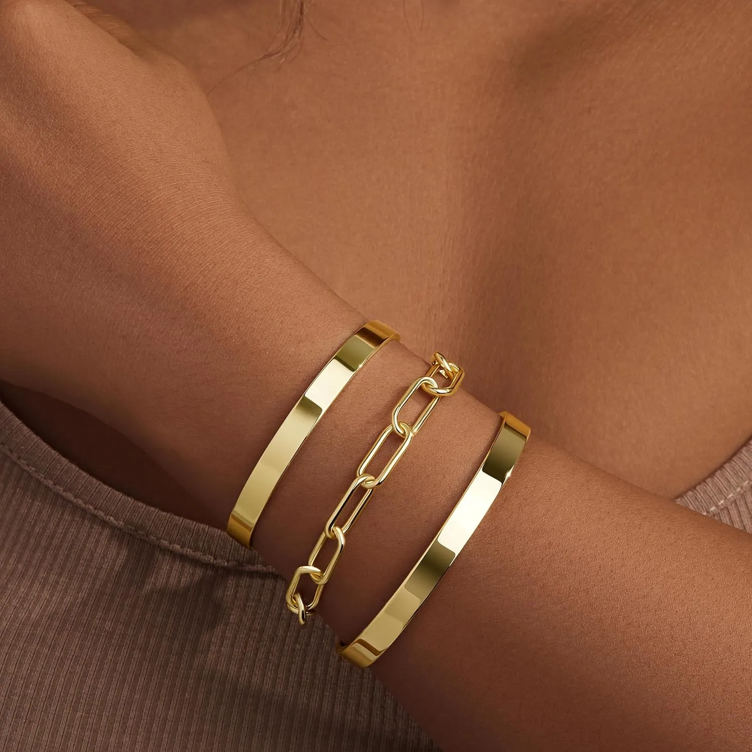 Gold Bangle Bracelets for Women Stack, 14k Gold Plated Cuff Set Trendy Jewelry for Women Fashion
