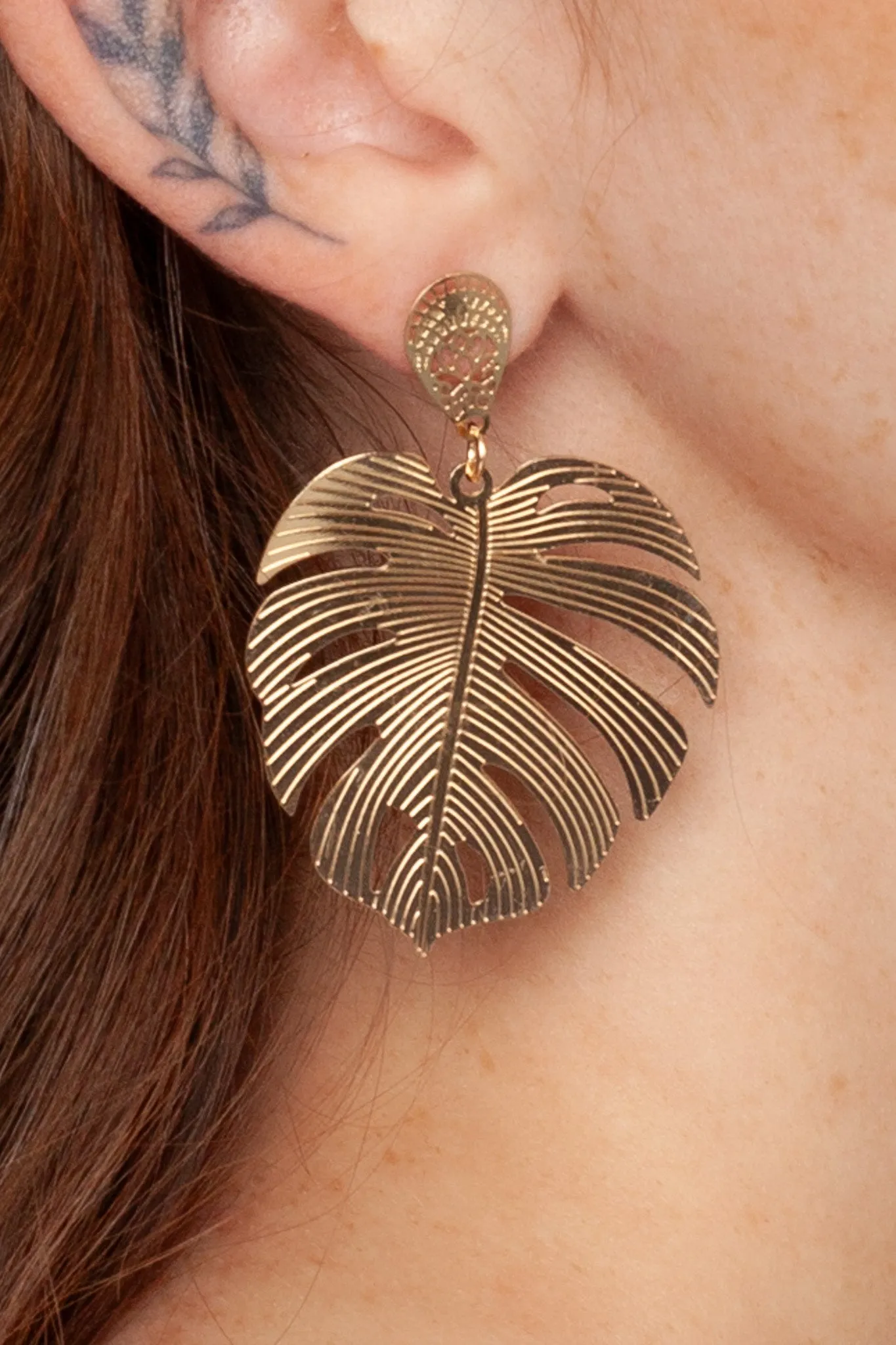 Gold Monstera Leaf Earrings