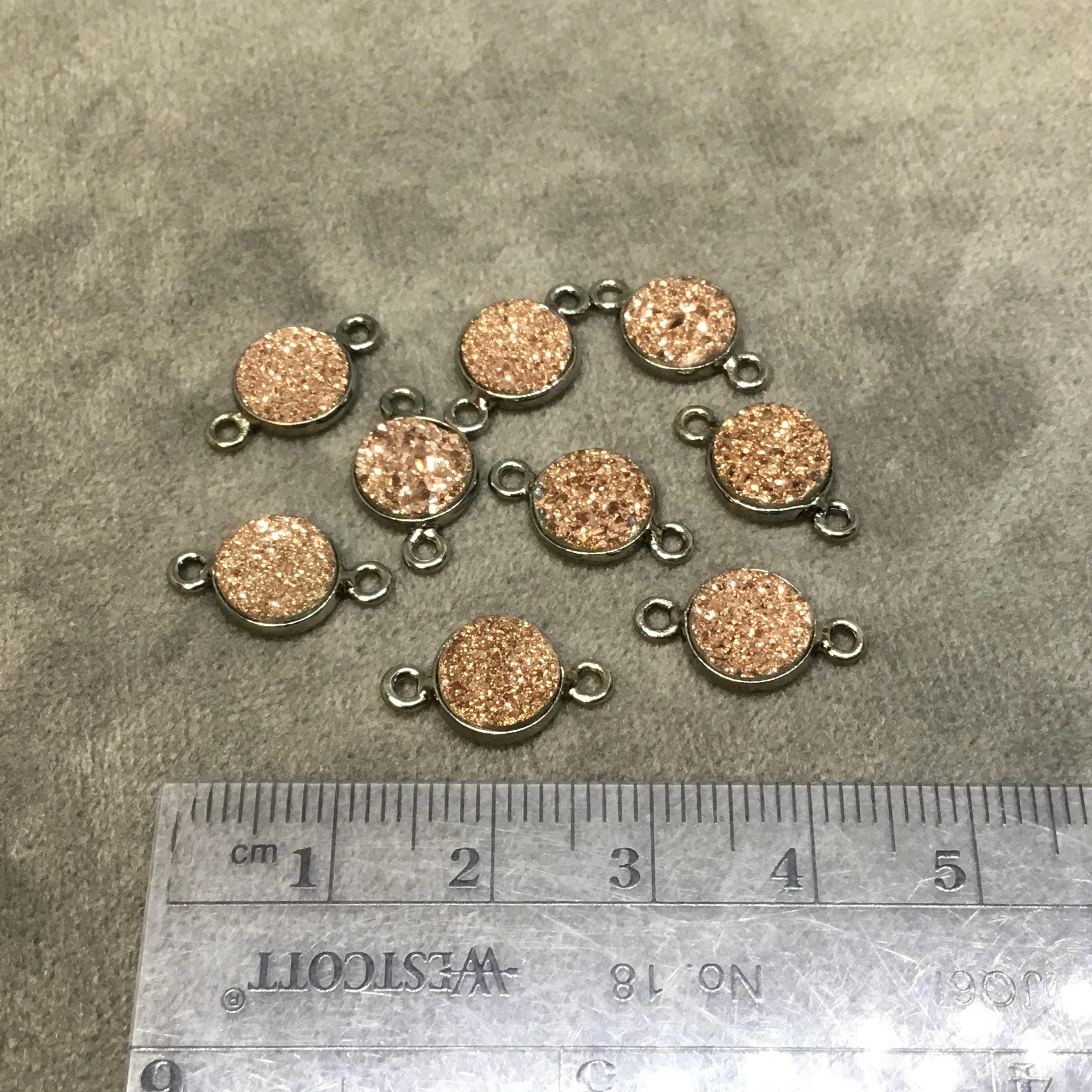 Gunmetal Finish Metallic Peach/Rose Gold Round/Coin Shaped Natural Druzy Agate Bezel Connector Component - Measures 8mm x 8mm - Sold as Each