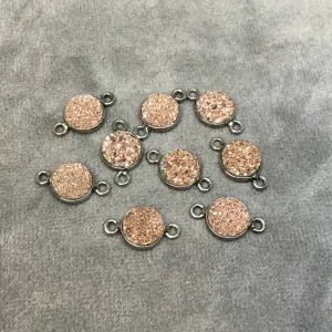 Gunmetal Finish Metallic Peach/Rose Gold Round/Coin Shaped Natural Druzy Agate Bezel Connector Component - Measures 8mm x 8mm - Sold as Each