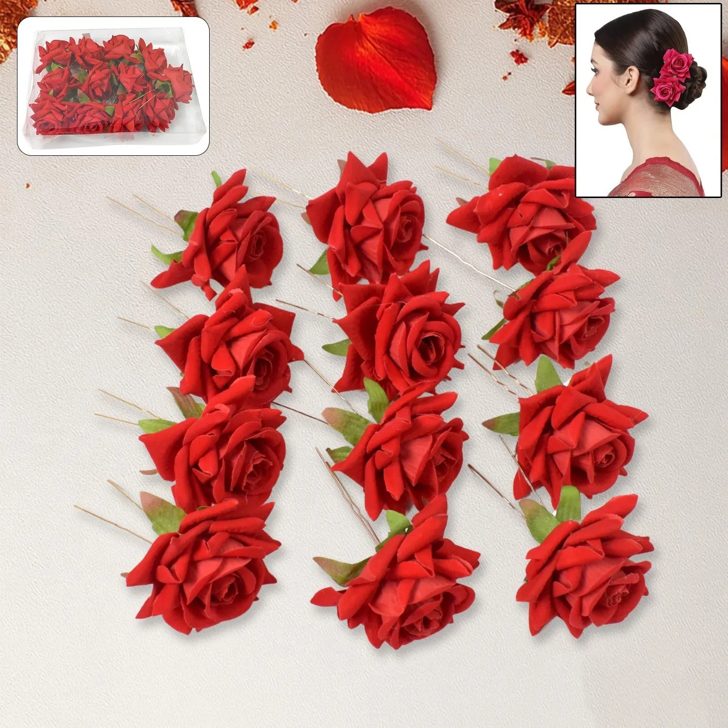Hair Clip Red Rose Bridal Pins (12 Pcs Set)