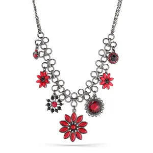 Hematite-Tone Necklace with Red and Black Crystal Flowers #255RD1201 (1C11/1A5)