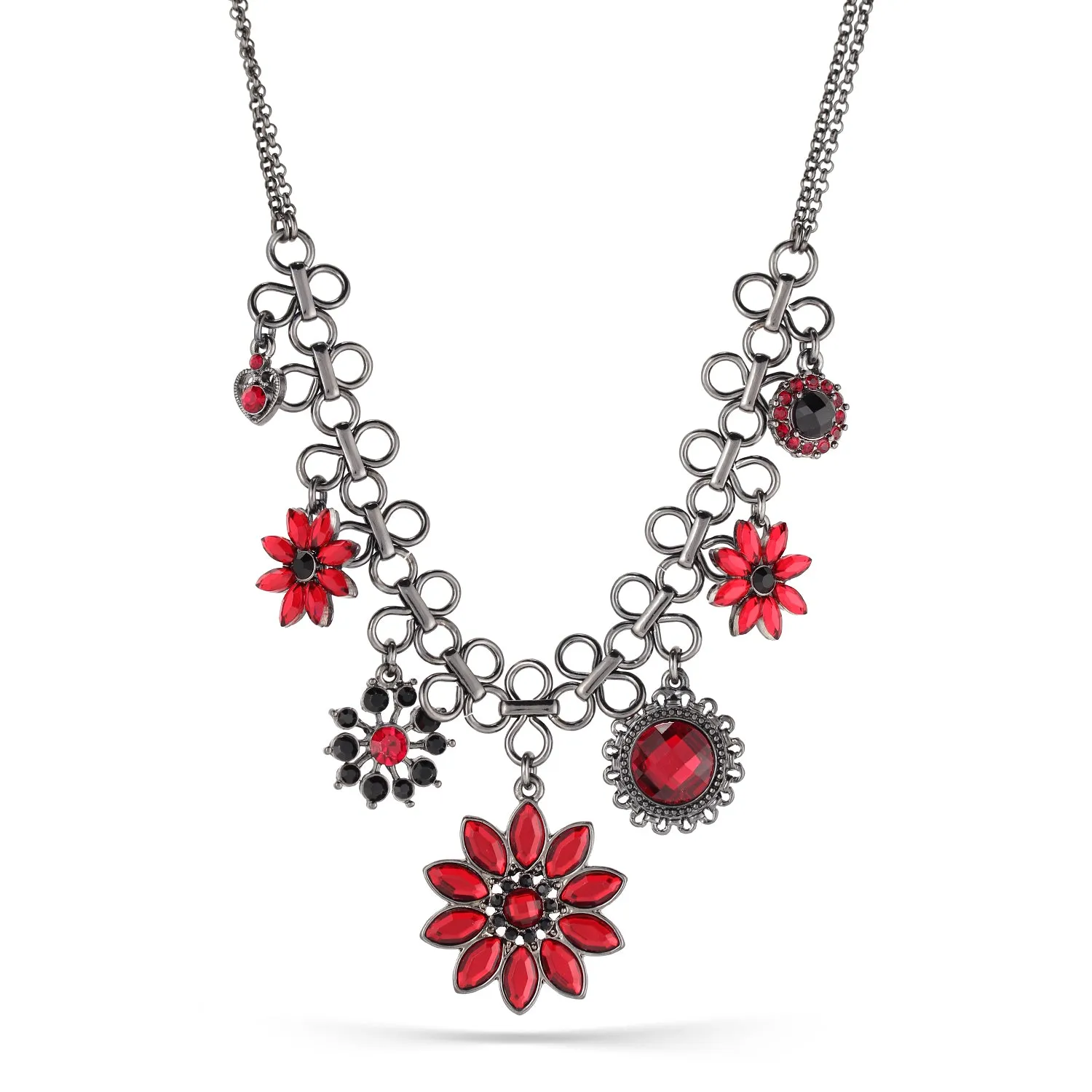 Hematite-Tone Necklace with Red and Black Crystal Flowers #255RD1201 (1C11/1A5)