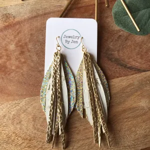 Holographic Crackle, White Wildwood & Gold Fringe Earring