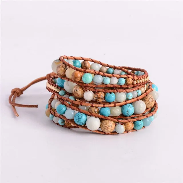 Leather Wrap Amazonite Gold Toned Multi Layered Bracelet