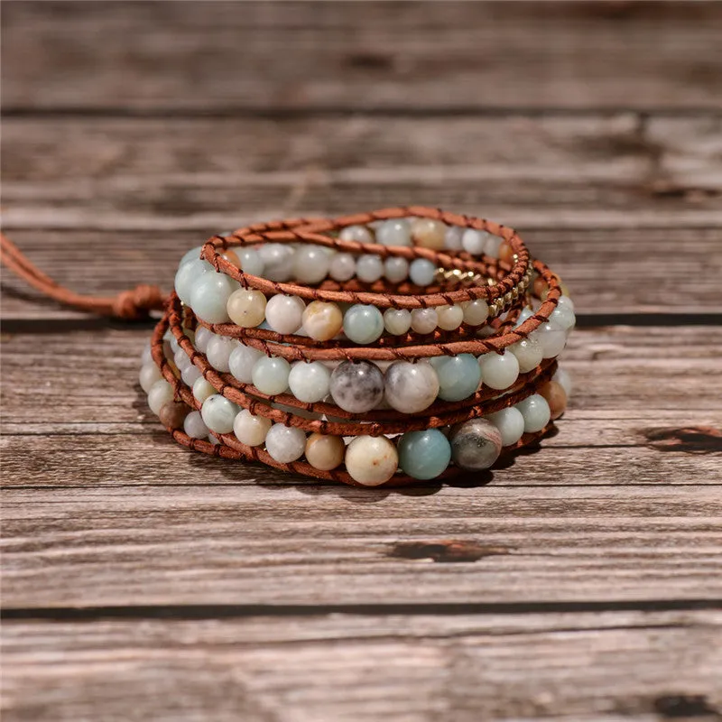 Leather Wrap Amazonite Gold Toned Multi Layered Bracelet