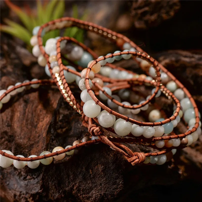 Leather Wrap Amazonite Gold Toned Multi Layered Bracelet