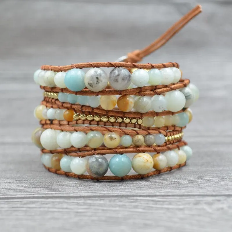 Leather Wrap Amazonite Gold Toned Multi Layered Bracelet