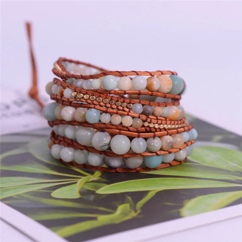 Leather Wrap Amazonite Gold Toned Multi Layered Bracelet