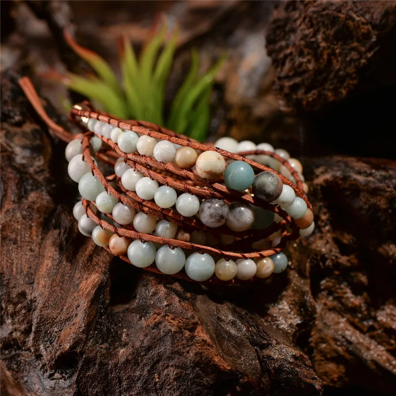 Leather Wrap Amazonite Gold Toned Multi Layered Bracelet