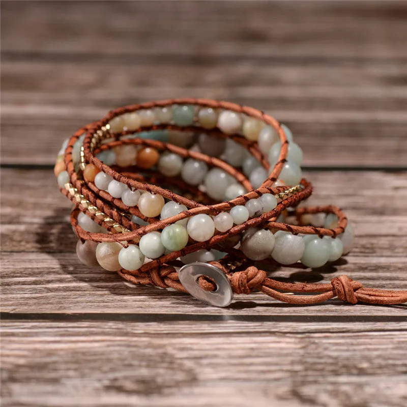 Leather Wrap Amazonite Gold Toned Multi Layered Bracelet