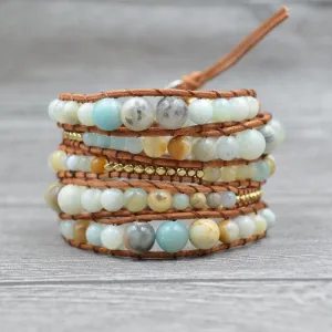 Leather Wrap Amazonite Gold Toned Multi Layered Bracelet