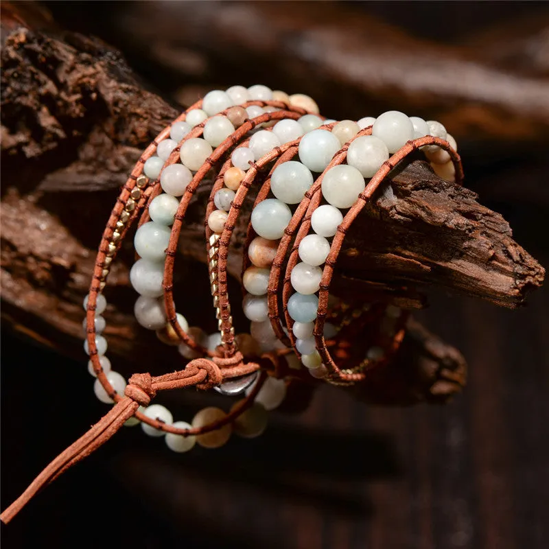 Leather Wrap Amazonite Gold Toned Multi Layered Bracelet