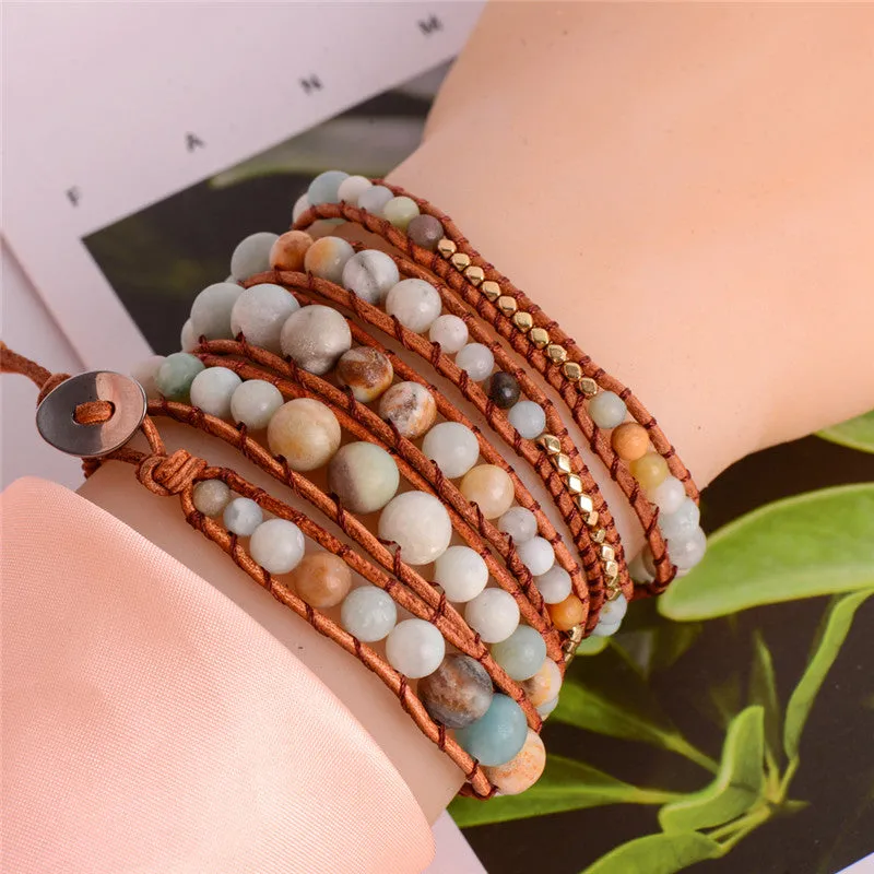 Leather Wrap Amazonite Gold Toned Multi Layered Bracelet