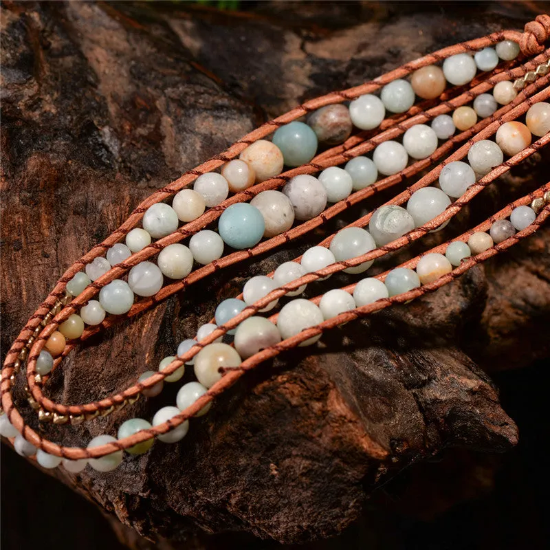 Leather Wrap Amazonite Gold Toned Multi Layered Bracelet