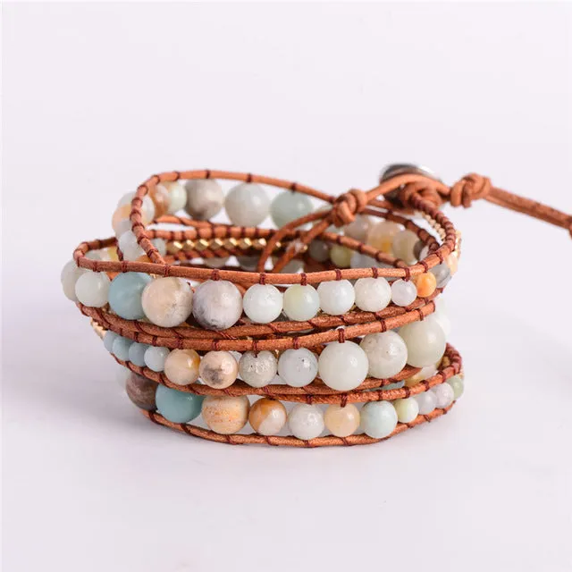 Leather Wrap Amazonite Gold Toned Multi Layered Bracelet