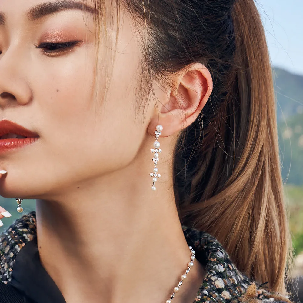 Long Pearl Drop Earrings - Silver