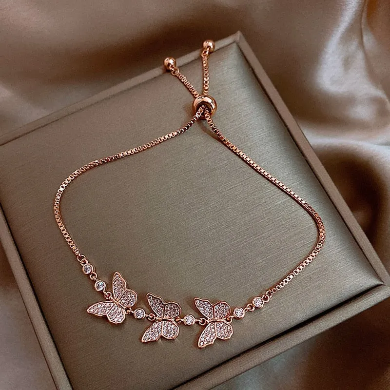 Luxury Crystal Flower Cubic Zirconia Pendant Bracelet Women Round Butterfly Shiny Rhinestone Bangle Jewelry