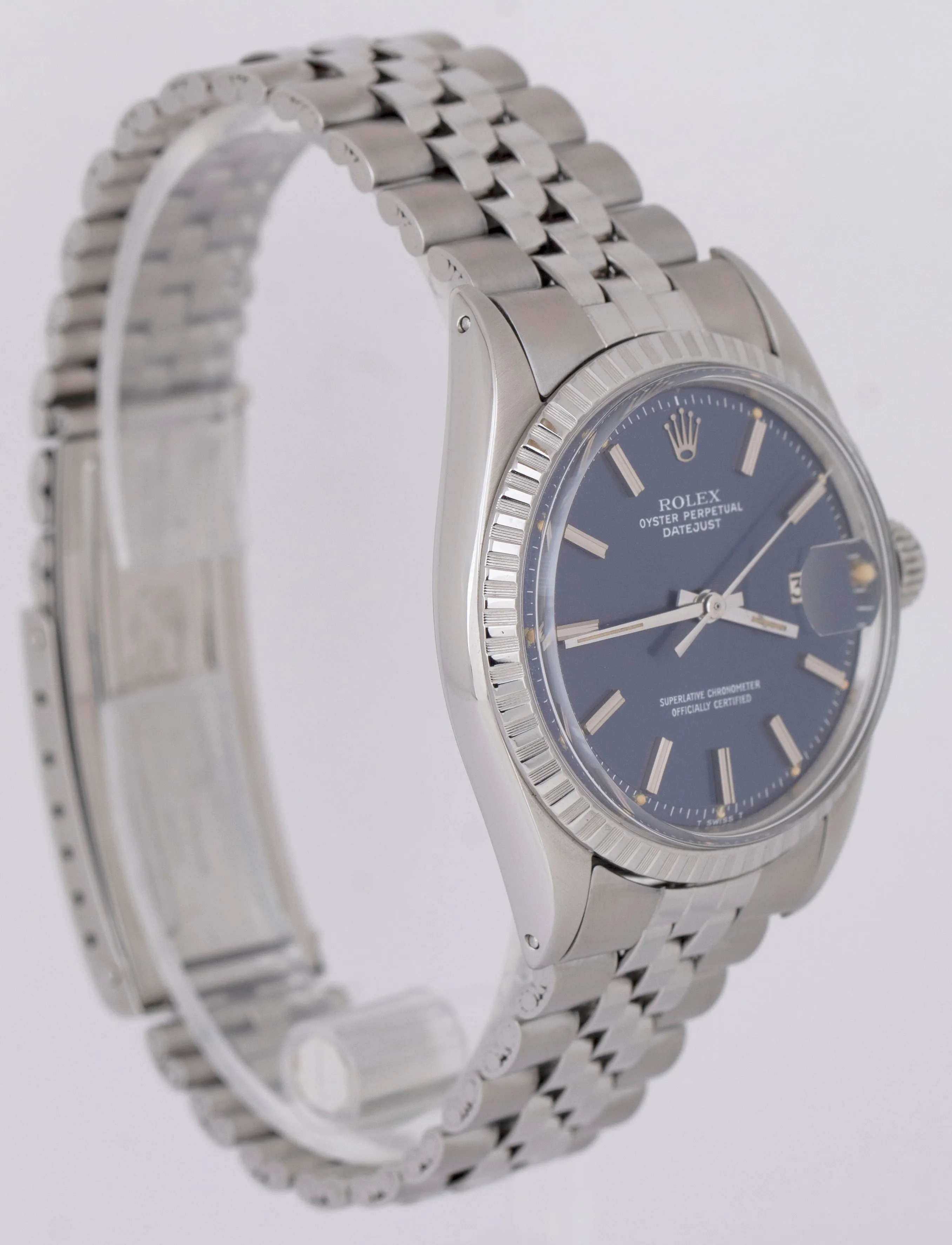 MINT Rolex DateJust 36mm BLUE Steel Automatic Jubilee Watch Engine Turned 1603