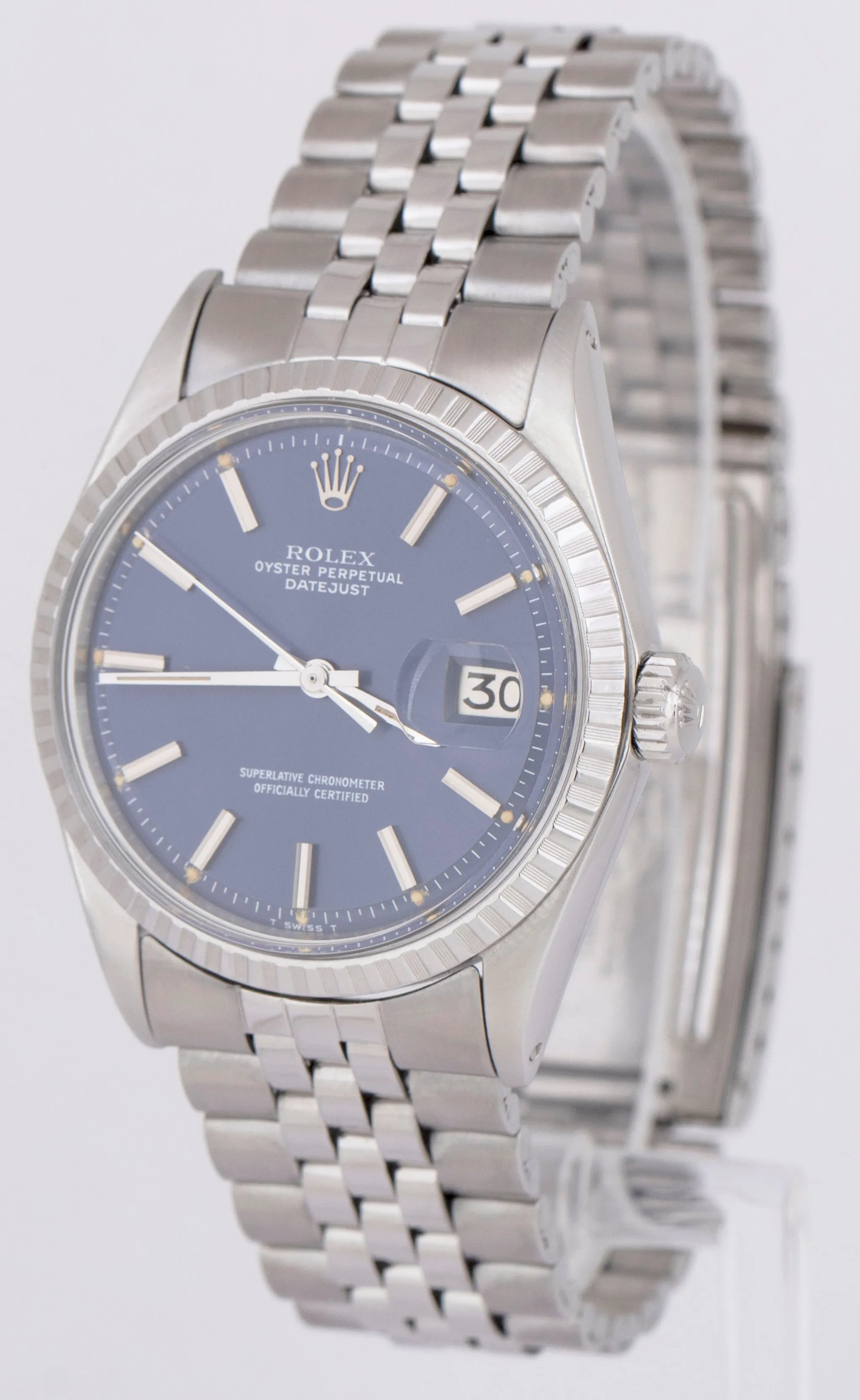 MINT Rolex DateJust 36mm BLUE Steel Automatic Jubilee Watch Engine Turned 1603