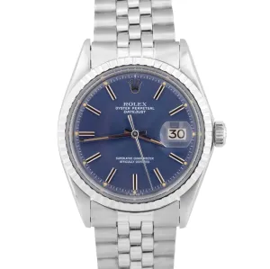 MINT Rolex DateJust 36mm BLUE Steel Automatic Jubilee Watch Engine Turned 1603