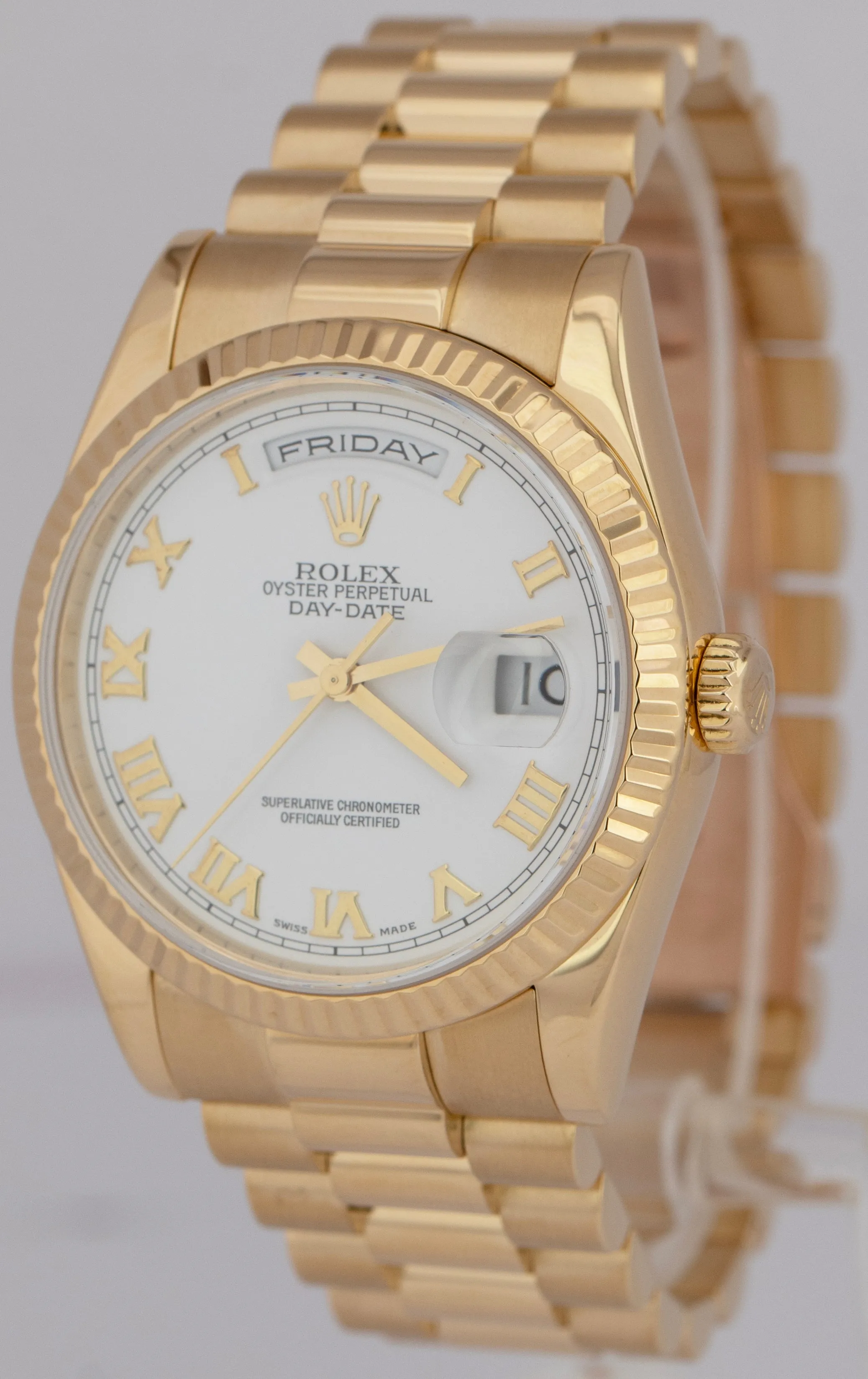 MINT Rolex Day-Date President White Roman 18K Yellow Gold 36mm Watch 118238