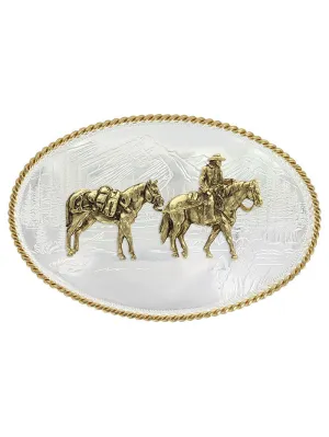 Montana Silversmiths 6250-35 Etched Mountains Western Belt Buckle with Pack Horse and Rider Silver