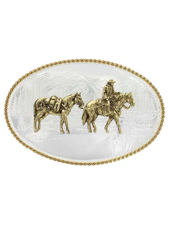 Montana Silversmiths 6250-35 Etched Mountains Western Belt Buckle with Pack Horse and Rider Silver