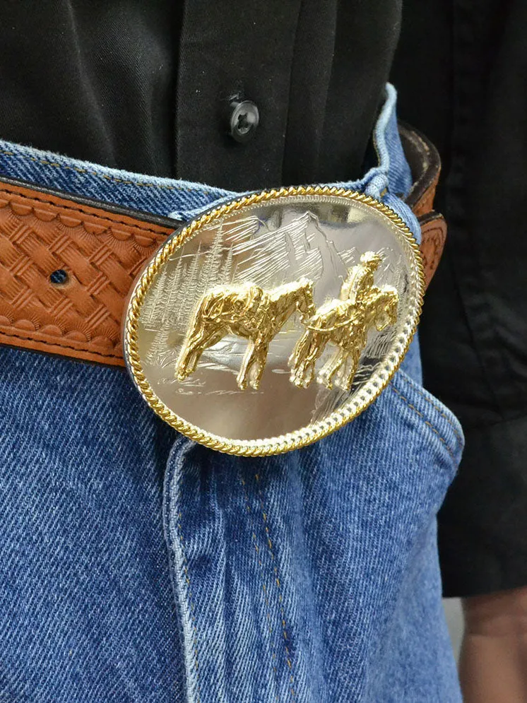 Montana Silversmiths 6250-35 Etched Mountains Western Belt Buckle with Pack Horse and Rider Silver