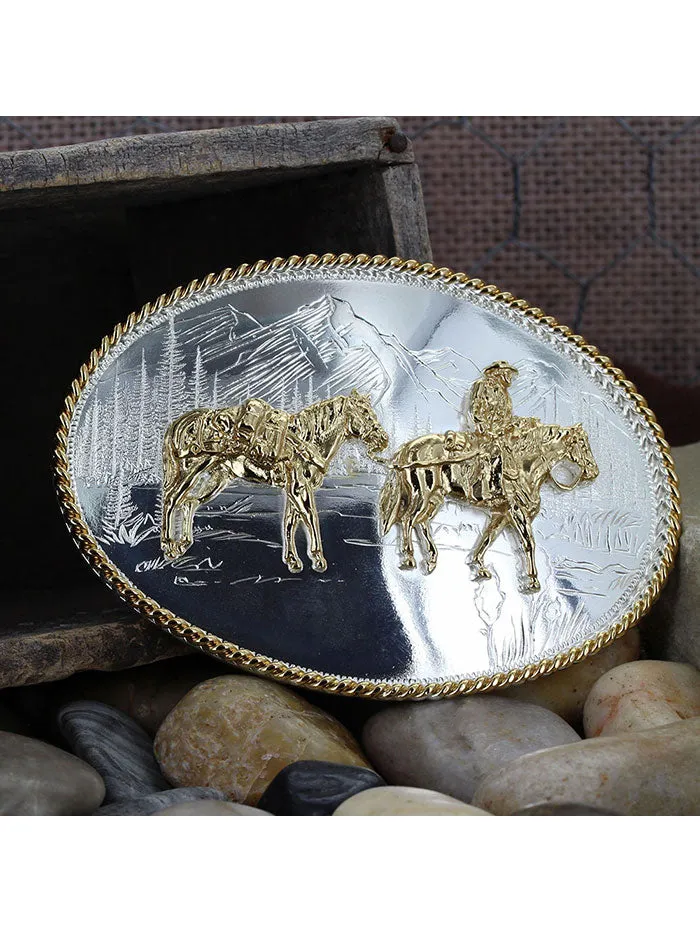 Montana Silversmiths 6250-35 Etched Mountains Western Belt Buckle with Pack Horse and Rider Silver