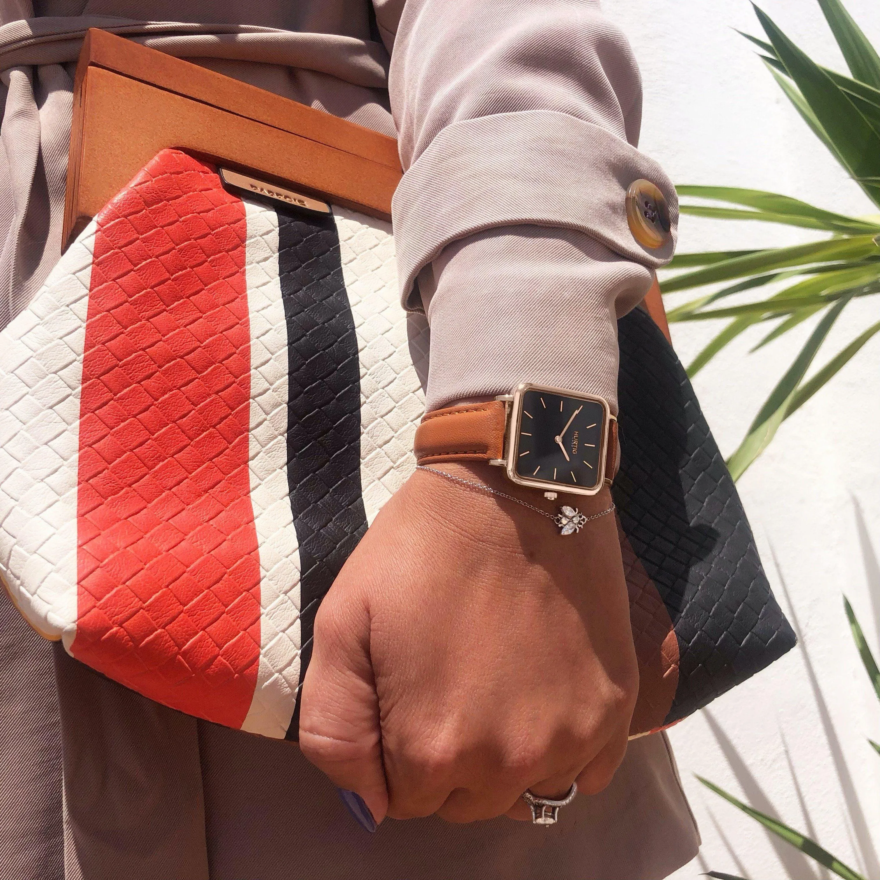 Neliö Square Vegan Leather Watch Rose Gold, Black & Tan