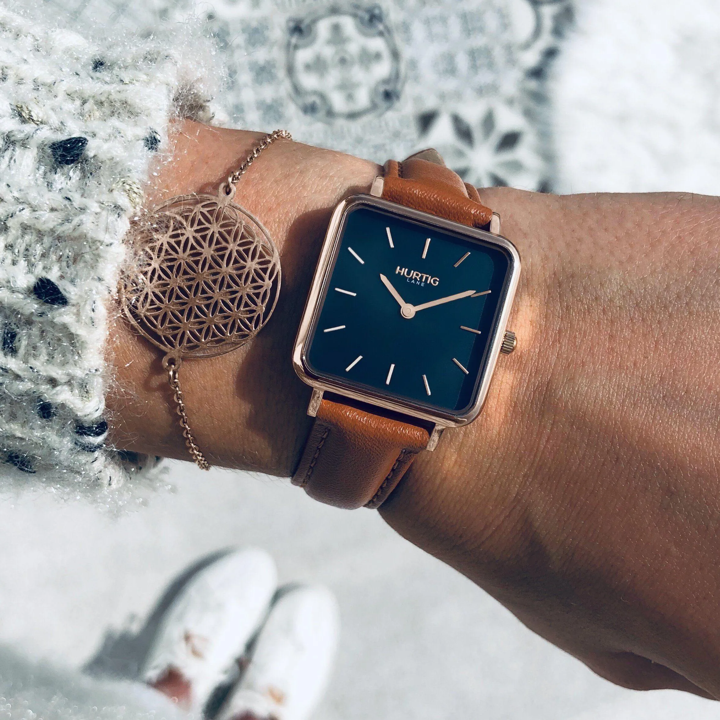 Neliö Square Vegan Leather Watch Rose Gold, Black & Tan