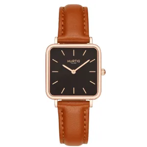Neliö Square Vegan Leather Watch Rose Gold, Black & Tan